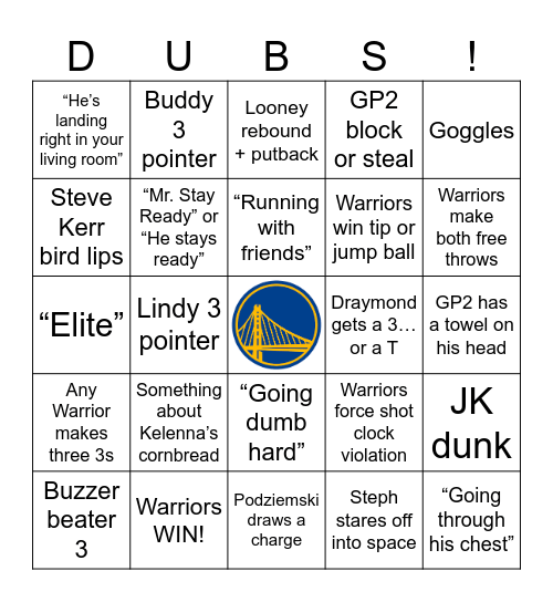 Warriors Mavs 12/15 Bingo Card