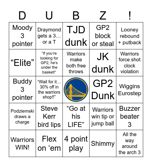Warriors Mavs 12/15 v.2 Bingo Card