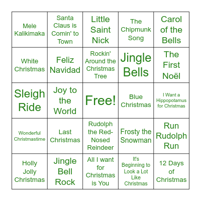 Christmas Song Bingo Card