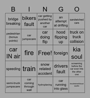 car crash bingo Card