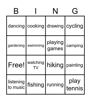 My Hobbies Bingo Card