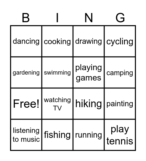 My Hobbies Bingo Card