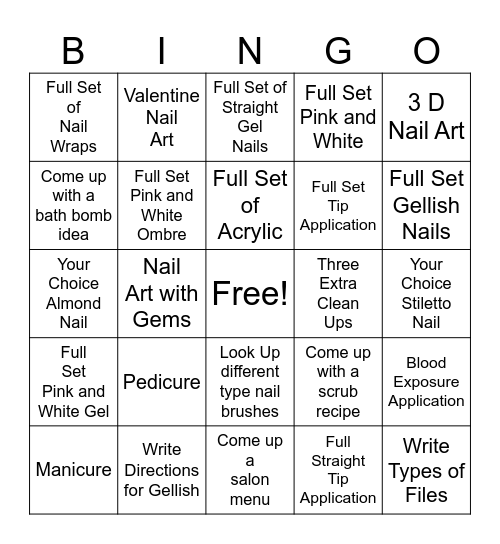 Nail Tech Assignment Sheet Bingo Card