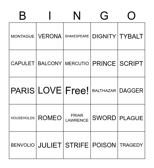 Romeo & Juliet Bingo Card