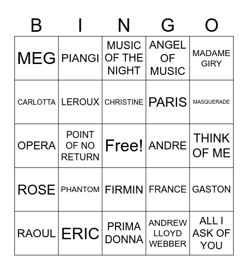 The Phantom of the Opera Bingo Card