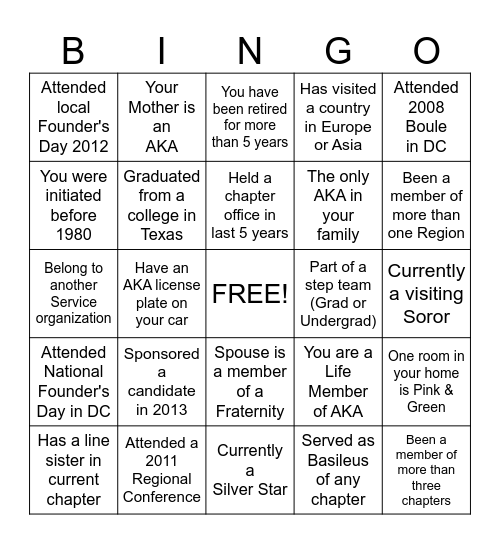 ALPHA KAPPA ALPHA SORORITY Bingo Card