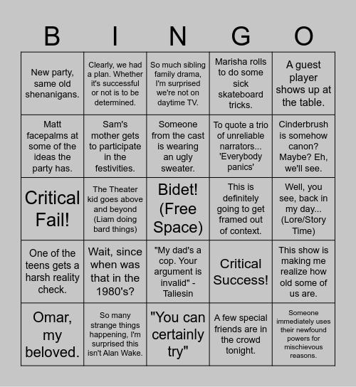 CR- Daggerheart Critmas Show Bingo Card