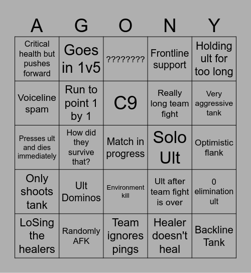 Overwatch Agony Bingo Card