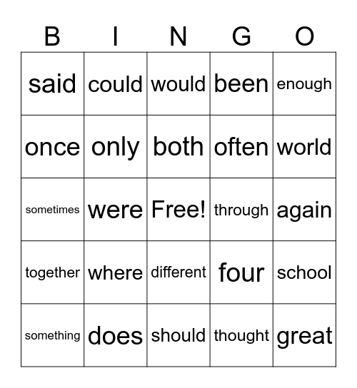 Sight Word Bingo Card