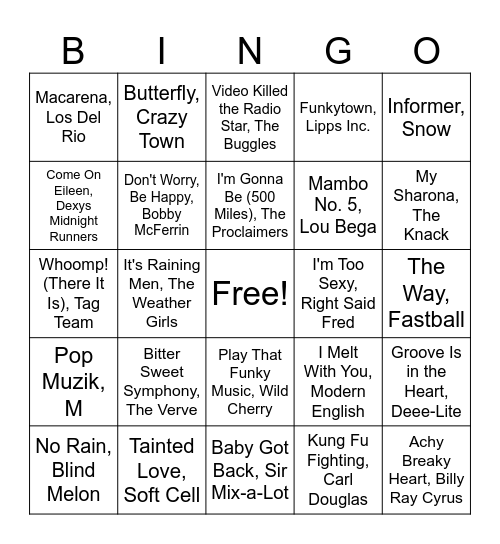 Music Bingo - One Hit Wonders Bingo Card