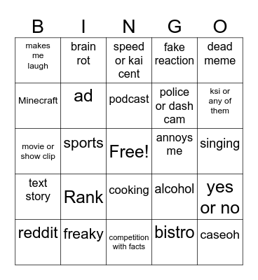 YouTube shorts Bingo Card