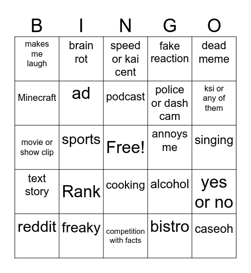 YouTube shorts Bingo Card