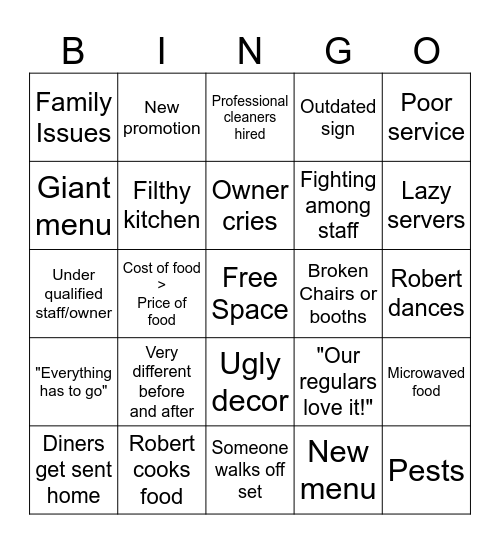 Restaurant Impossible Bingo Card