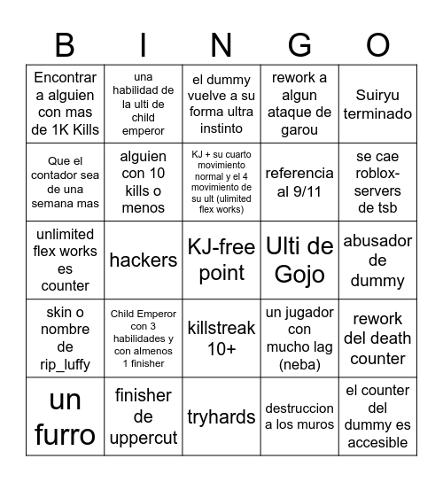 TSB Update Bingo (santino saca la update cabron) Bingo Card