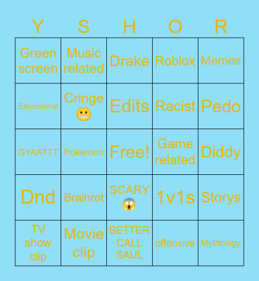 Yt shorts bingo Card