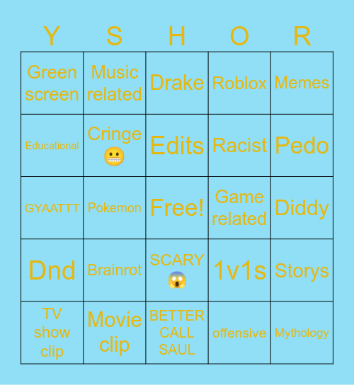 Yt shorts bingo Card