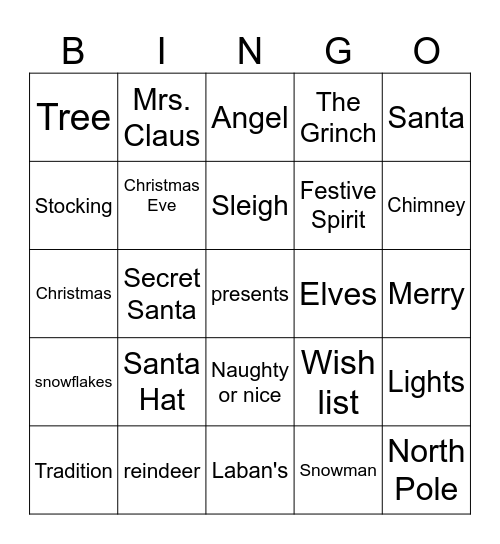 Christmas Bingo At the Laban's Bingo Card