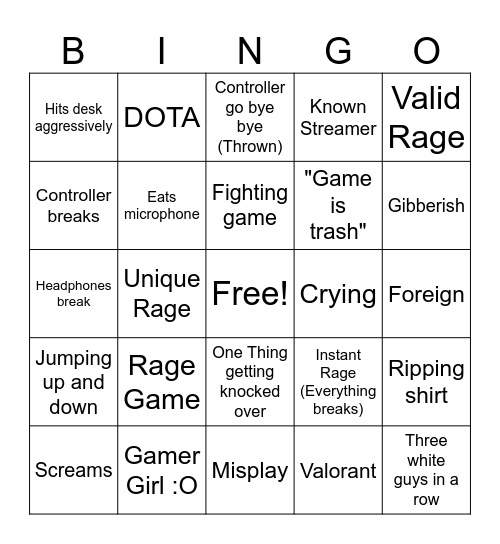 Gamer Rage Bingo Card