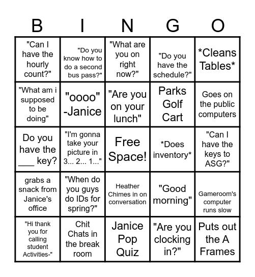 Student Activities Bingo Card