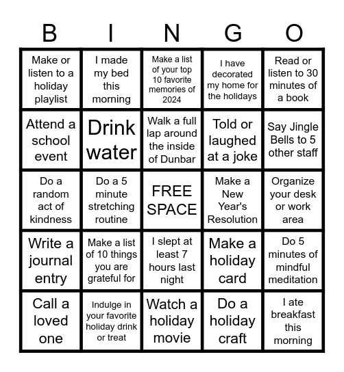 Holiday Self-Care Bingo Card