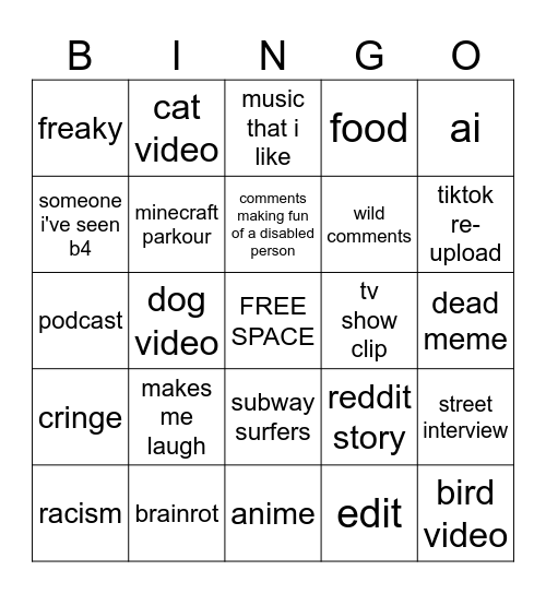 INSTAGRAM REELS Bingo Card