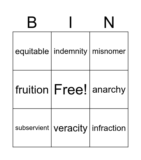 Unit 5 Vocabulary Bingo Card