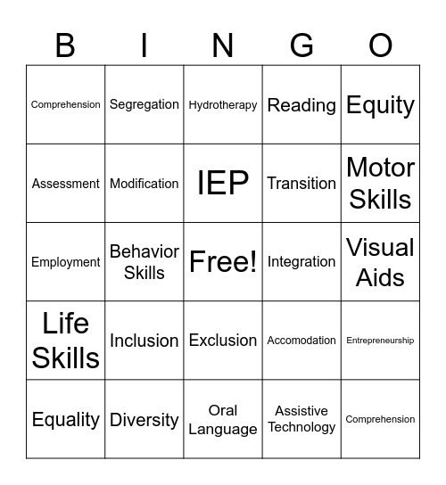 INCLUSIVE EDUCATION BINGO Card