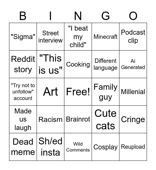 Insta Reels Bingo Card