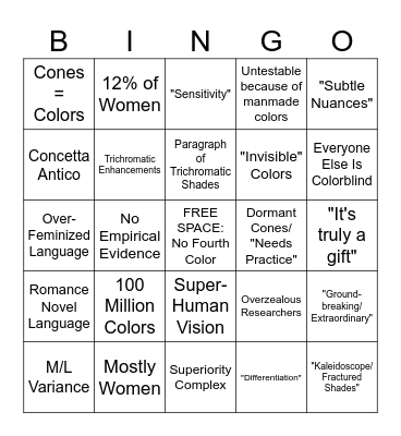 Fake Tetrachromacy Bingo Card