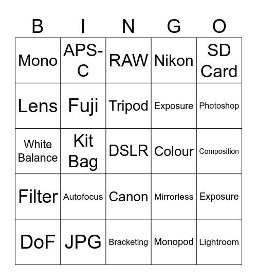 Newport Photographic Club Bingo Card