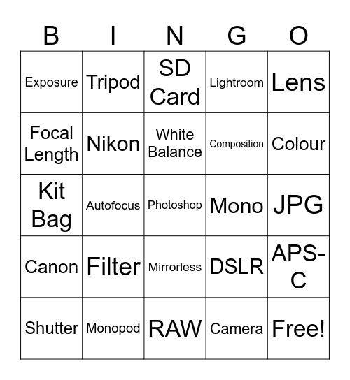 Newport Photographic Club Bingo Card
