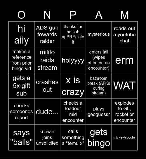 Onpam Stream Bingo Card