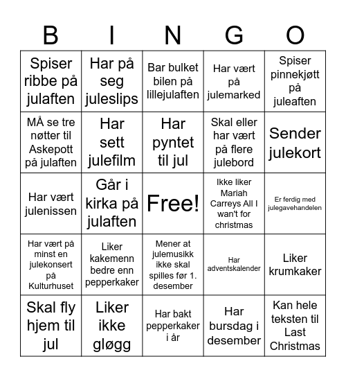 Julebord Bingo Card