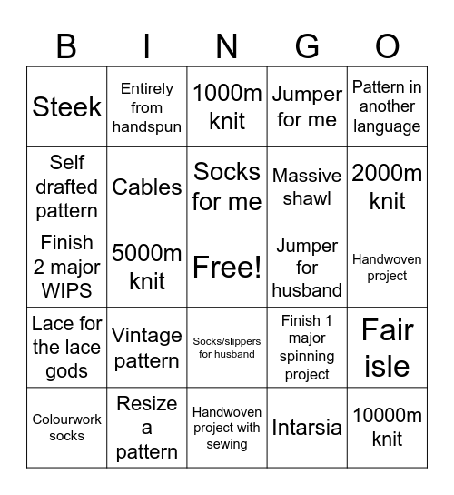 My 2025 knitting goals Bingo Card