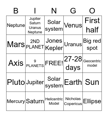 Solar system Bingo Card