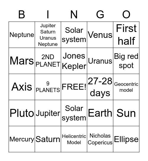Solar system Bingo Card