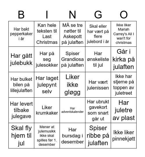 Julebord Bingo Card