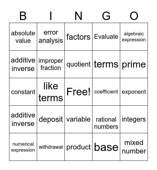 Semester 1 Vocabulary Bingo Card