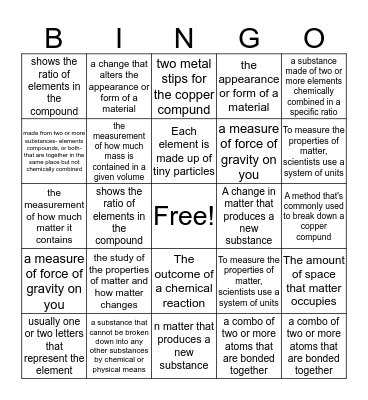 Physical Science Ch. 1 Bingo Card