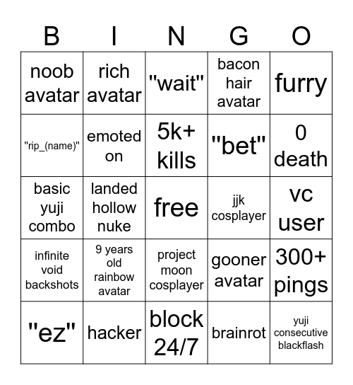 jjs 1v1 bingo (but i use gojo) Bingo Card