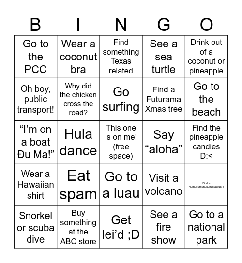 Destin’s Hawaii Trip Bingo Card