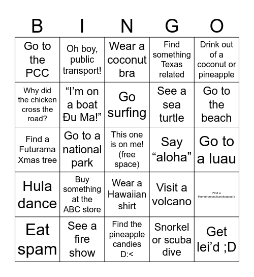 Destin’s Hawaii Trip Bingo Card