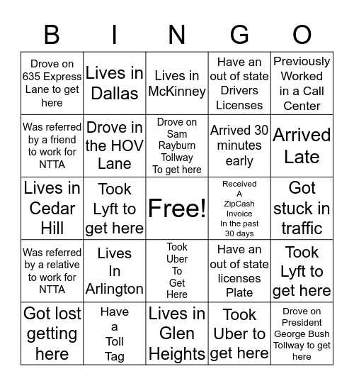 NTTA BINGO Card