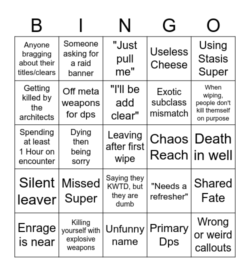 Destiny 2 bingo card Bingo Card