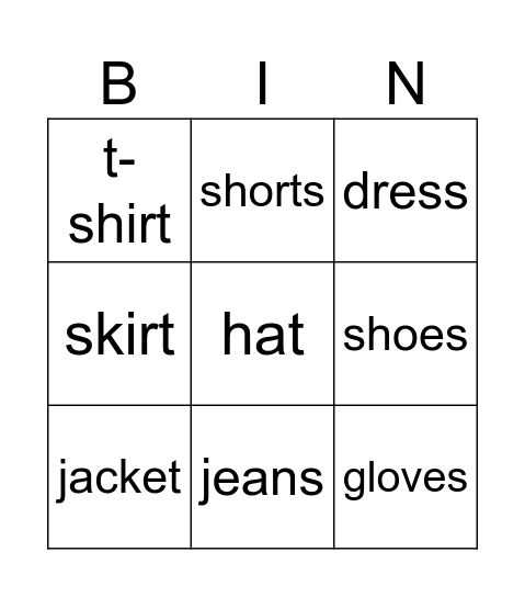 Clothes Bingo Card