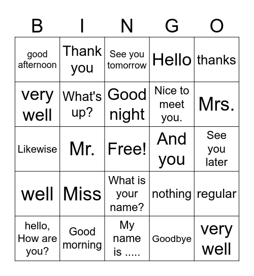 Greetings and Farewells Bingo Card