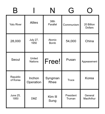Korean War Bingo Notes Bingo Card