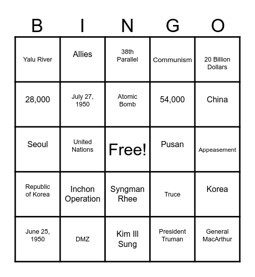 Korean War Bingo Notes Bingo Card