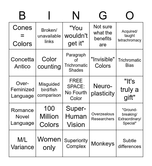 Fake Tetrachromacy Bingo Card