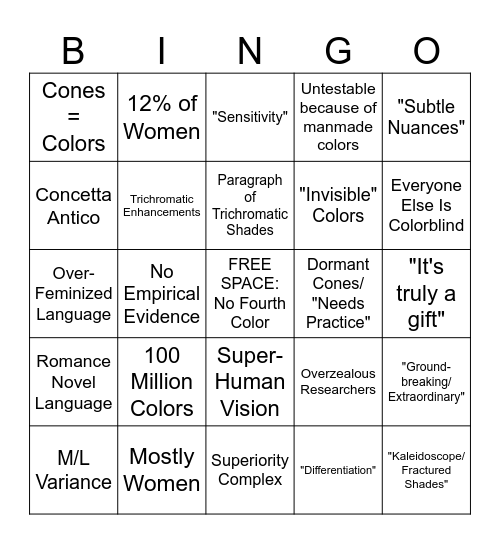 Fake Tetrachromacy Bingo Card